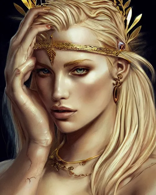 Image similar to tattoo design sketch of hot blonde super model as aphrodite greek goddess wearing a gold laurel wreath and triangle earrings, beautiful piercing gaze with sharp pupils, in the style of greg rutkowski, fantasy, amazing detail, epic, elegant, smooth, sharp focus, front view