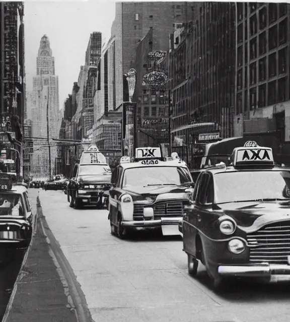 Image similar to a vintage photo of a taxi cab driving on a new york city road.