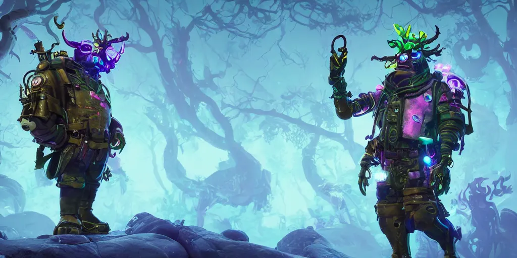 Prompt: gamekeeper hunting for mystical forest monster and wearing a steampunk and neonpunk mechanical fluorescent mystical animal mask realism in style of fornite game. bio luminescent, plasma, ice, water, wind, creature, artwork by tooth wu and wlop and beeple and greg rutkowski, epic cinematic shot, perfectly defined features, ambient occlusion