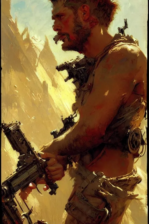 Image similar to attractive male, post - apocalyptic, painting by gaston bussiere, craig mullins, j. c. leyendecker