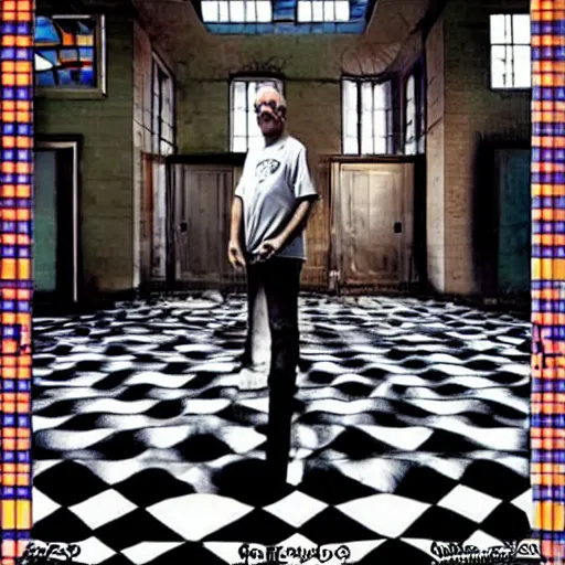 Image similar to fatboy slim, on a checkered floor