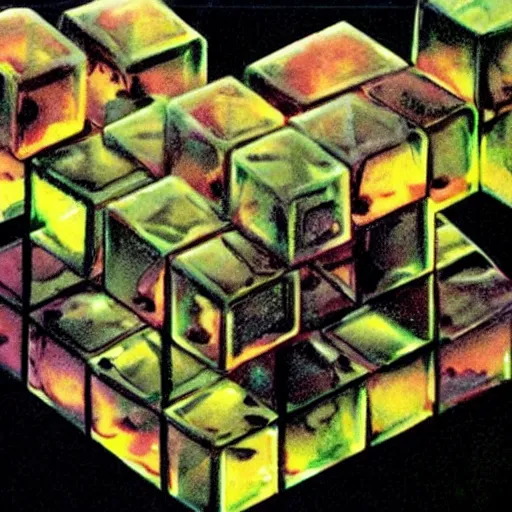 Image similar to gelatinous cubes being processed into magic items with the juice made from their bodies, d & d, dave mckean