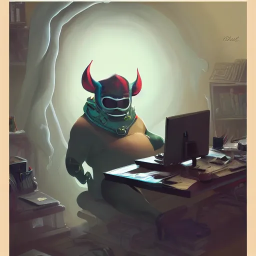 Image similar to a insanely detailed painting of a fat masked superhero wearing a costume sitting at a desk, staring at the nervously at the computer and clicking on the mouse, in the style of peter mohrbacher, dramatic lighting and composition, trending on artstation, concept art, comic book