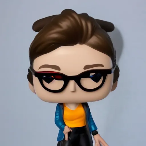 Prompt: a girl with in glasses with a thin frame pierced in her nose and on her lower lip funko pop, vinyl figurie, kodak photo