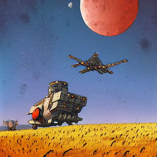 Prompt: war heavy spaceship above the field of wheat with blue skies and dark red detailed moon by Ian McQue