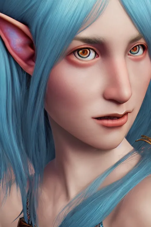 Prompt: a beautiful and highly detailed digital illustration of a female elf with blue hair, a digital painting by lu ji, cgsociety, photorealism, daz 3 d, sketchfab, zbrush