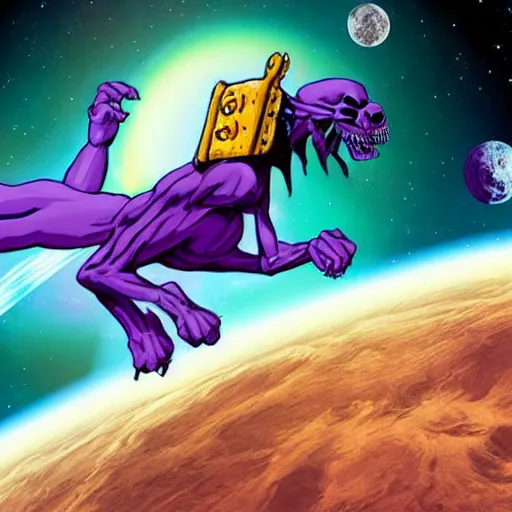 Prompt: skeletor riding a giant black cat in outer space