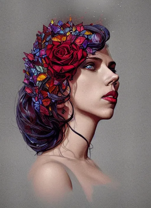 Prompt: scarlett johansson wearing a dress made from stained glass in the design of a rose. painting by artgerm and greg rutkowski and ilya kuvshinov