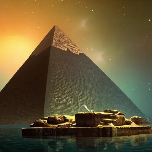 Image similar to pyramid in space or in water, a magical ancient pyramid, gold, treasure, lara croft charater, realistic illustration, pyramid surrounded with greenery, illustrations, 3 d render, illustrated, incredible details, highly detailed, photorealistic, disney pixar, octane render, iridescent, anime, 8 k