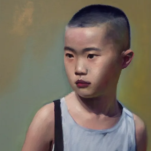 Prompt: dramatic oil painting portrait of chinese boy buzz cut
