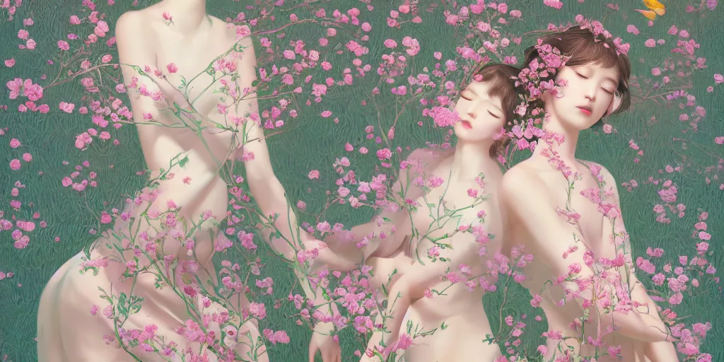 Image similar to breathtaking delicate detailed concept art painting pattern blend of flowers and girls, by hsiao - ron cheng, bizarre compositions, exquisite detail, pastel colors, 8 k