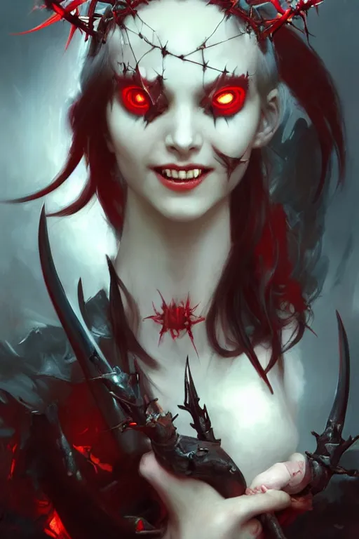 Image similar to Portrait of beautiful pale laughing succubus maiden with crown of thorns and glowing red eyes, Warhammer 40000, digital art from artstation by Ruan Jia and Mandy Jurgens and Artgerm and william-adolphe bouguereau