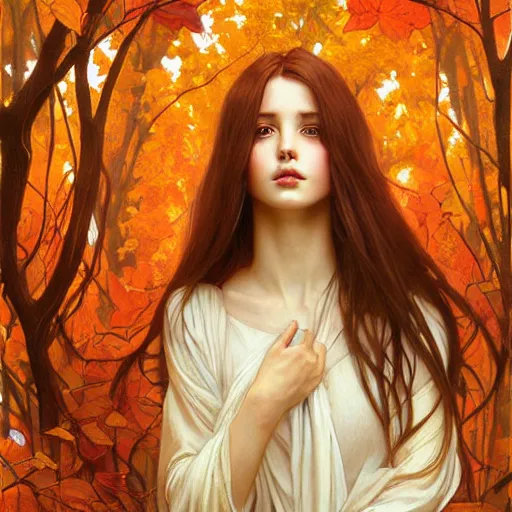 Prompt: girl with super long hair, hair becoming autumn red leaves, digital painting, symmetric face, art by artgerm and greg rutkowski and alphonse mucha