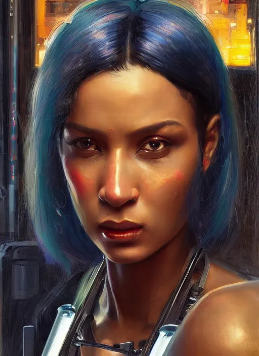 Prompt: Sophie Igwe. Buff Beautiful Cyberpunk mechanic with robotic legs. (Cyberpunk 2077, bladerunner 2049). Gorgeous face. Iranian orientalist portrait by john william waterhouse and Edwin Longsden Long and Theodore Ralli and Nasreddine Dinet, oil on canvas. Cinematic, vivid colors, hyper realism, realistic proportions, dramatic lighting, high detail 4k