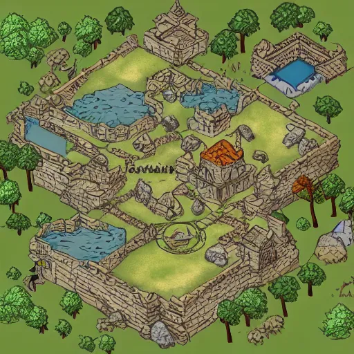 Image similar to map of a dungeon in a forest, isometric, detailed, game, dungeons and dragons