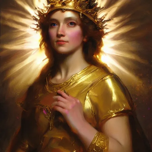 Prompt: a beautiful portrait of a sun goddess with a golden crown, sunlight beams, god rays, volumetric lighting, by daniel gerhartz, detailed, 8 k