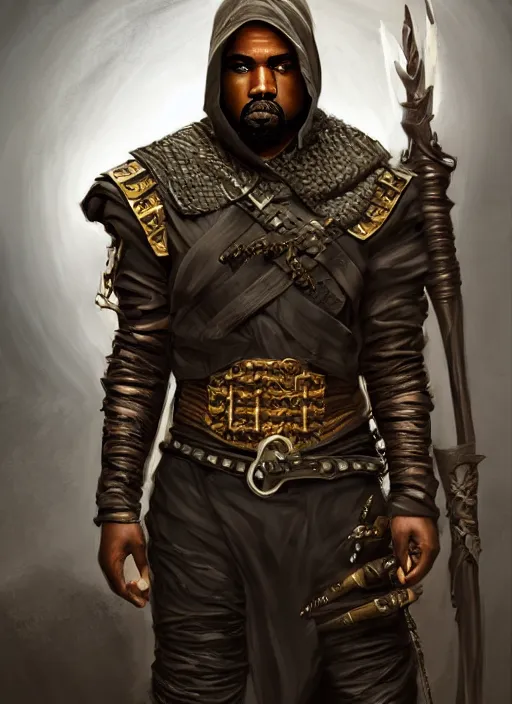 Prompt: kanye west as male assassin rogue looking down, ornate, dndbeyond, bright, colourful, realistic, dnd character portrait, full body, pathfinder, pinterest, art by ralph horsley, dnd, rpg, lotr game design fanart by concept art, behance hd, artstation, deviantart, hdr render in unreal engine 5