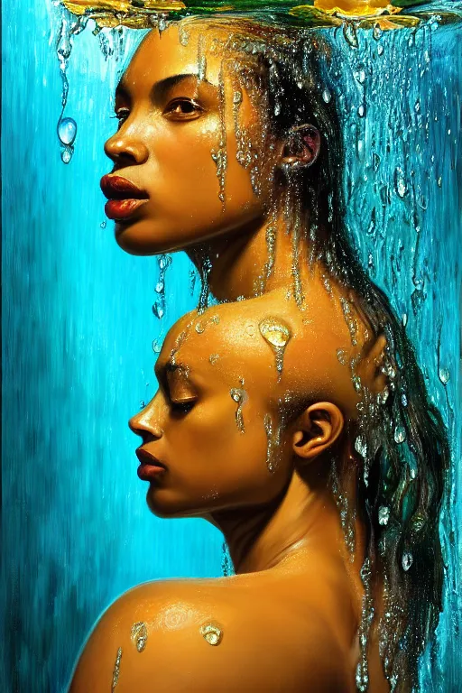 Image similar to hyperrealistic precisionist cinematic profile very expressive! oshun goddess, in water! john everett millais, mirror dripping droplet!, gold flowers, highly detailed face, digital art masterpiece, smooth eric zener cam de leon, dramatic pearlescent turquoise light on one side, low angle uhd 8 k, shallow depth of field