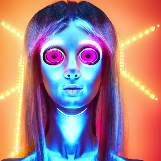 Prompt: electronic robot girl with glowing fiber optic hair and luminous eyes containing galaxies