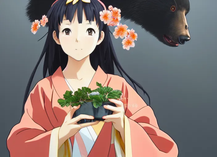 Image similar to anime movie portrait painting of a girl wearing a kimono giving a peach to a large anthropomorphic asian black bear, featured in artstation, artgerm, octane render, award winning, cinematic, elegant, intricate, 8 k, close up, in the style of studio ghibli and heikala and alphonse mucha,