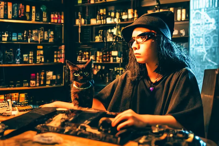 Prompt: close up photo, dramatic lighting, concentration, calm confident cyberpunk teen witch and her cat, tarot cards displayed on the table in front of her, sage smoke, magic wand, a witch hat and cape, apothecary shelves in the background, by yoji shinkawa neon