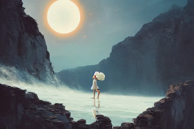 Image similar to giant white daisy flower over head, girl dancing on cliff, surreal photography, solar eclipse, milky way, dramatic light, impressionist painting, clouds, digital painting, artstation, james gilleard, liam wong, jeremy mann, simon stalenhag