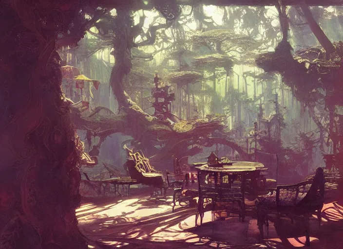 Prompt: treehouse interior, intricate, elegant, highly detailed, vivid colors, john harris, frazetta, tyrus wong, ruan jia, jeffrey catherine jones