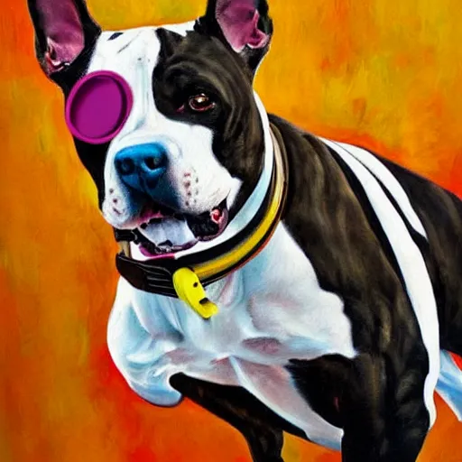 Image similar to pitbull with brindle coat and white paws and white chest on rollerblades. painting. oil painting. fun. energetic. colorful.