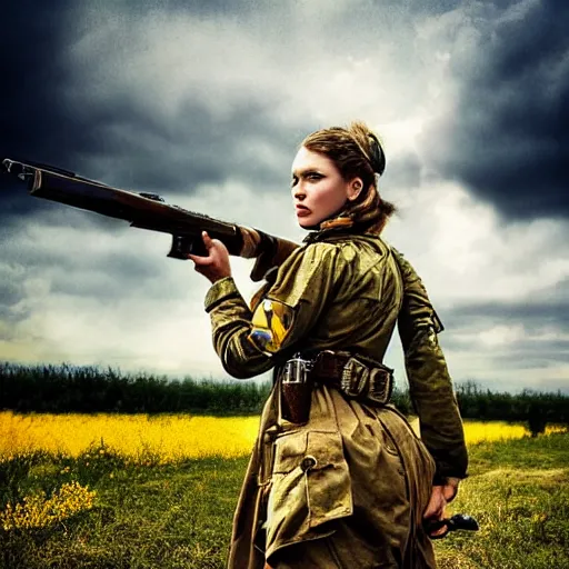 Prompt: ukrainian woman - soldier with kalashnikov gun, beautiful epic photography, high quality, profound gaze, big blown eyes, yellow and blue ribbons, emotionally touching, digital art, dramatic sky, battlefield, fire