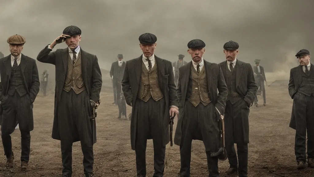 Image similar to the peaky blinders made out of peanuts, film still from the movie directed by denis villeneuve with art direction by zdzis