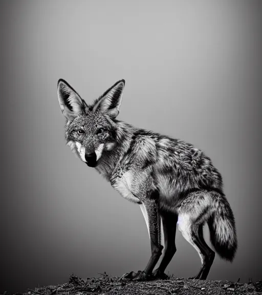 Image similar to Award winning Editorial photo of a wild coyote with dinner by Edward Sherriff Curtis and Lee Jeffries, 85mm ND 5, perfect lighting, gelatin silver process