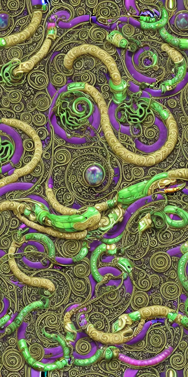 Prompt: seamless pattern of beautiful cybernetic robotic goddess with snakes cartier jewelry and cables arranged in a art nouveau damask pattern, subsurface scattering, rainbow liquids, inside organic robotic tubes and parts, black background, swirls and spirals of rainbow dragons, symmetrical composition + intricate details, hyperrealism, wet, reflections + by alfonse mucha, no blur