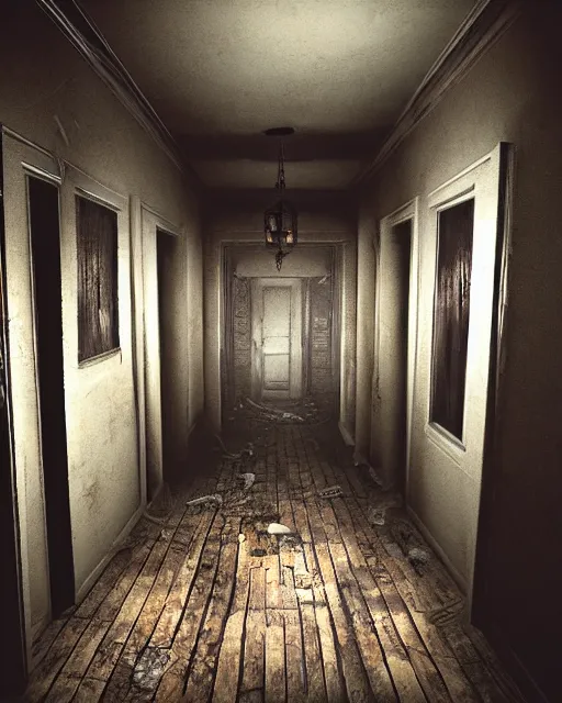 Image similar to Resident Evil 7, American gothic interior, wooden floor, atmospheric, nighttime scene, photorealistic narrow hallway with broken windows, horror