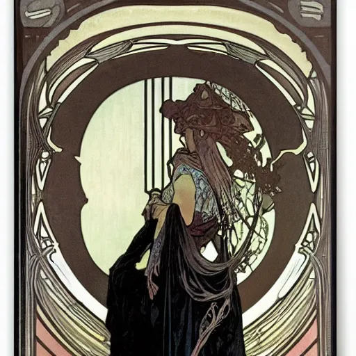 Image similar to mysterious figure, Alphonse Mucha, james jean