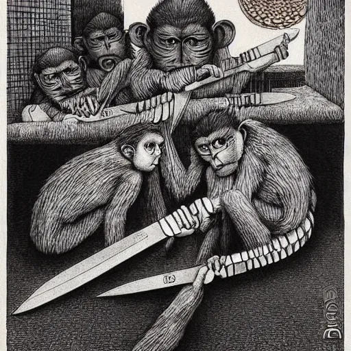 Image similar to clever monkeys with very long knives, very detailed, and colorful by Santiago Caruso, by M.C. Escher, by Edward Gorey, beautiful, eerie, surreal, psychedelic