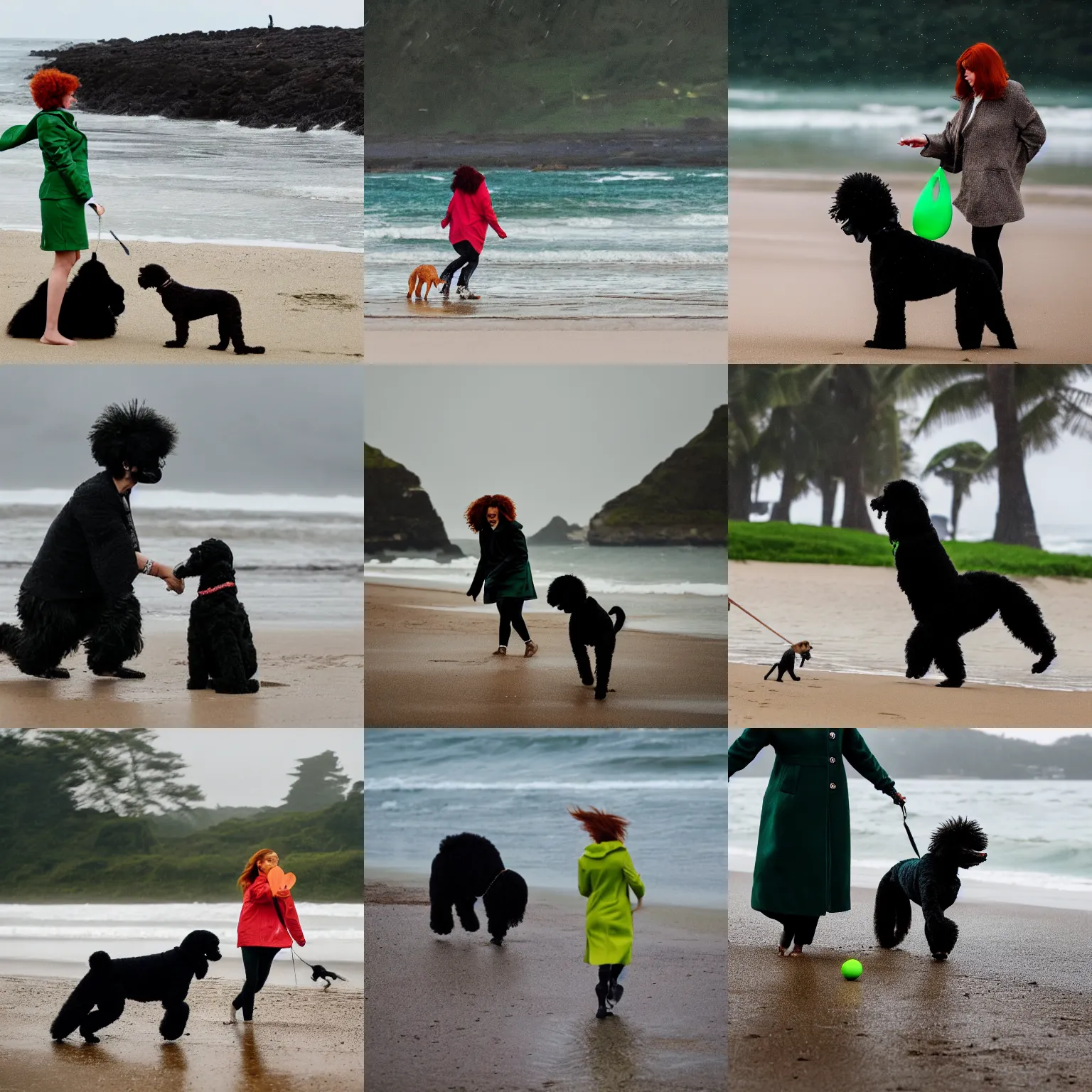Prompt: ginger woman in green coat playing catch with her black poodle on the beach while on rainy day