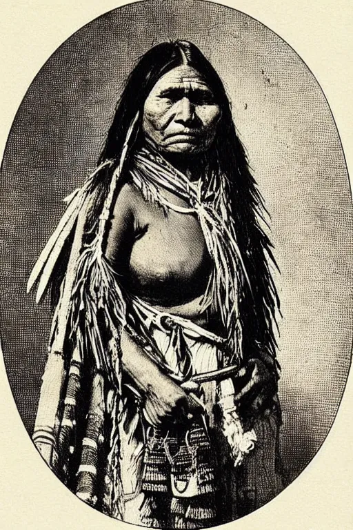 Image similar to “19th century wood engraving of a Native American indian woman, portrait, Nanye-hi Beloved Woman of the Cherokee, wearing a papoose showing pain and sadness on her face, ancient”