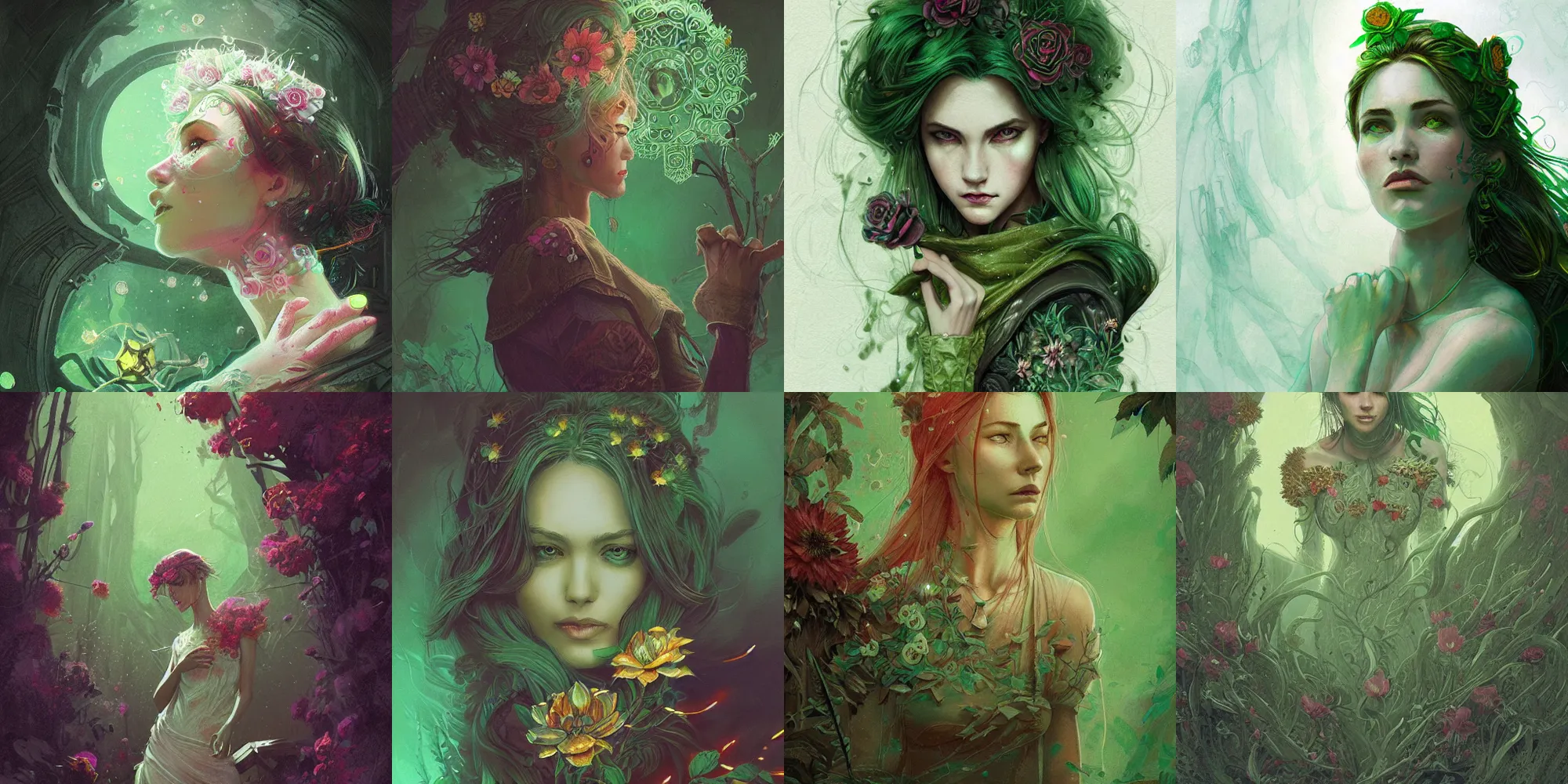 Prompt: woman, magical, flower, bright castleton green, detailed intricate ink illustration, dark atmosphere, detailed illustration, hd, 4k, digital art, overdetailed art, concept art, by greg rutkowski, by loish, complementing colors, Trending on artstation, deviantart