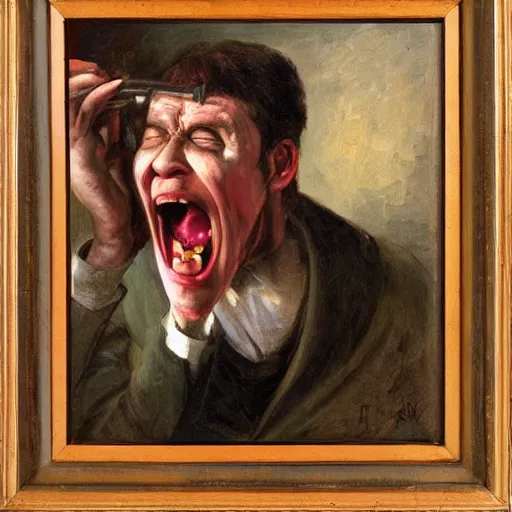 Image similar to an angry man screams at his computer monitor, oil on canvas, 1 8 8 3, highly detailed