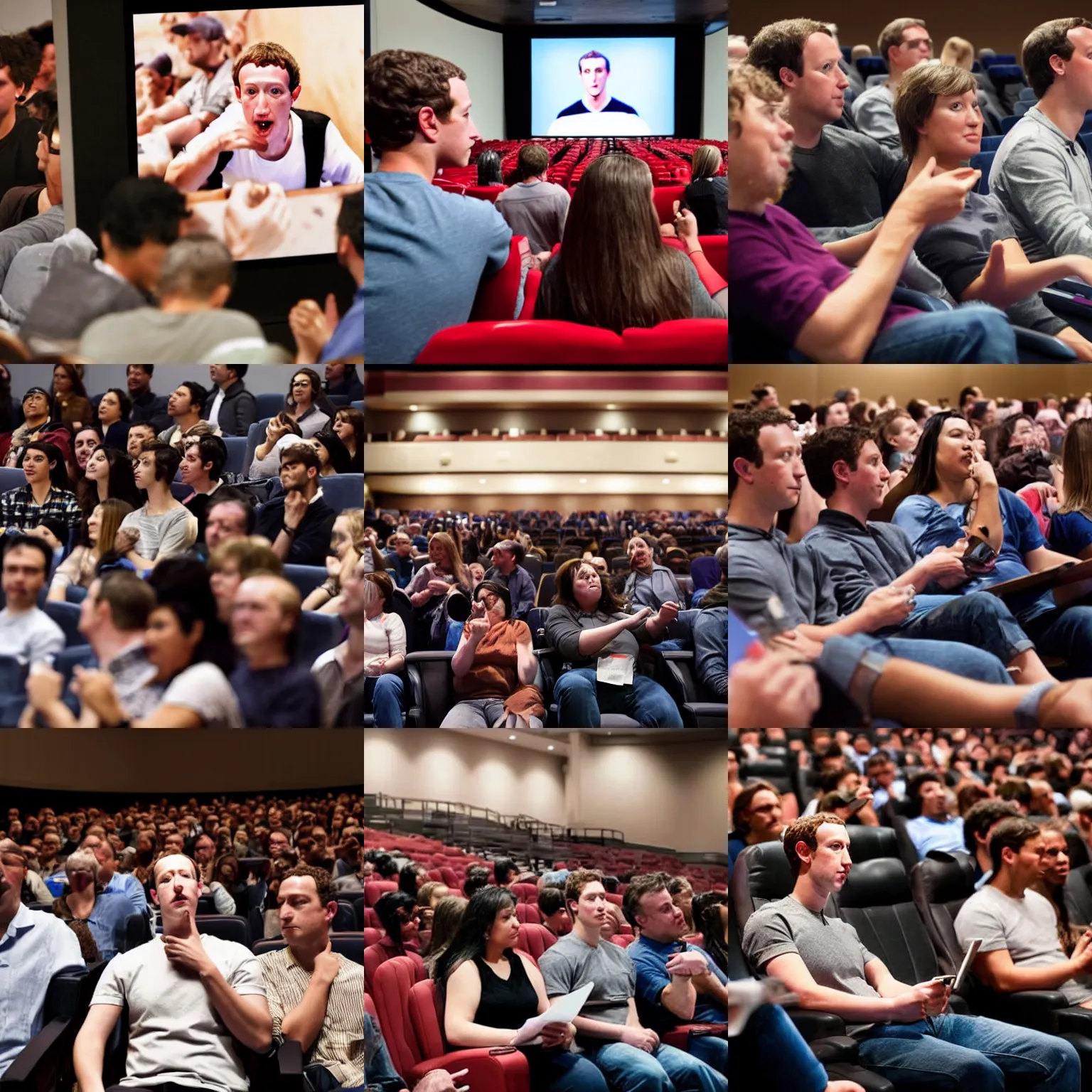 Prompt: people in a theater watching a close up photo of an angry mark zuckerberg