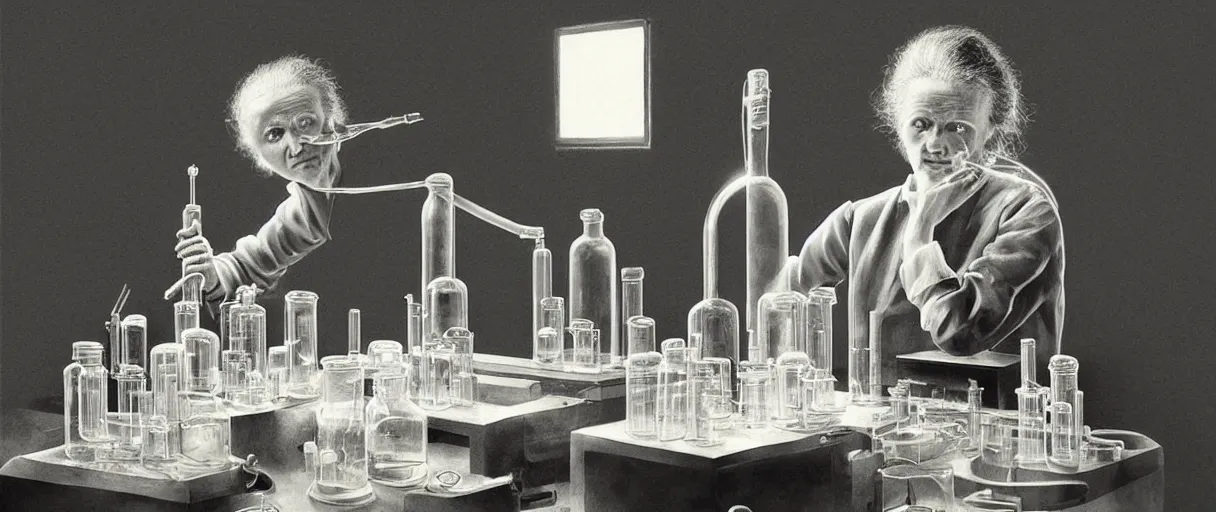 Image similar to “ a extremely detailed stunning portraits of marie curie mixing radium in laboratory by allen william on artstation ”