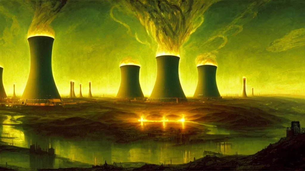 Image similar to A nuclear power plant in utopia by Simon Stålenhag and J.M.W. Turner, oil on canvas; Nuclear Fallout, Art Direction by Adam Adamowicz; 4K, 8K Ultra-Realistic Depth Shading