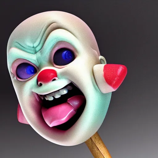 Image similar to ice cream popsicle shaped like screaming chucky doll, octane render, ultrarealistic, centered