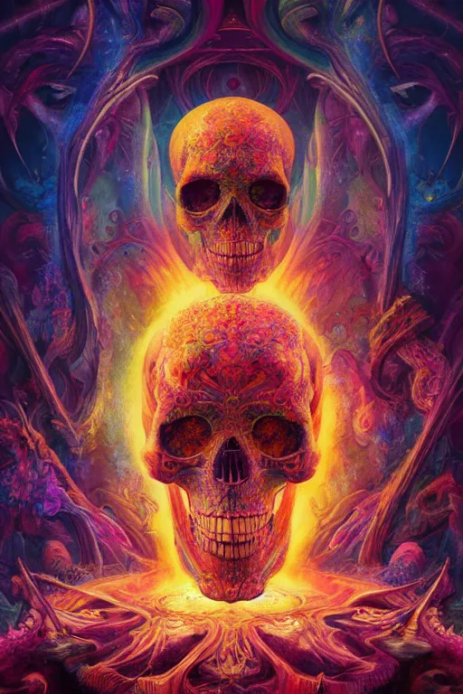 Image similar to gigantic psychedelic demonic cosmic skull of death and fire of outer space, fantasy painting, ultra realistic, dmt, wide angle, art nouveau, intricate details, digital painting, rainbowshift, vivid colors, highly detailed by peter mohrbacher, h. r. giger, maxfield parrish, craig mullins, octane render, cgi