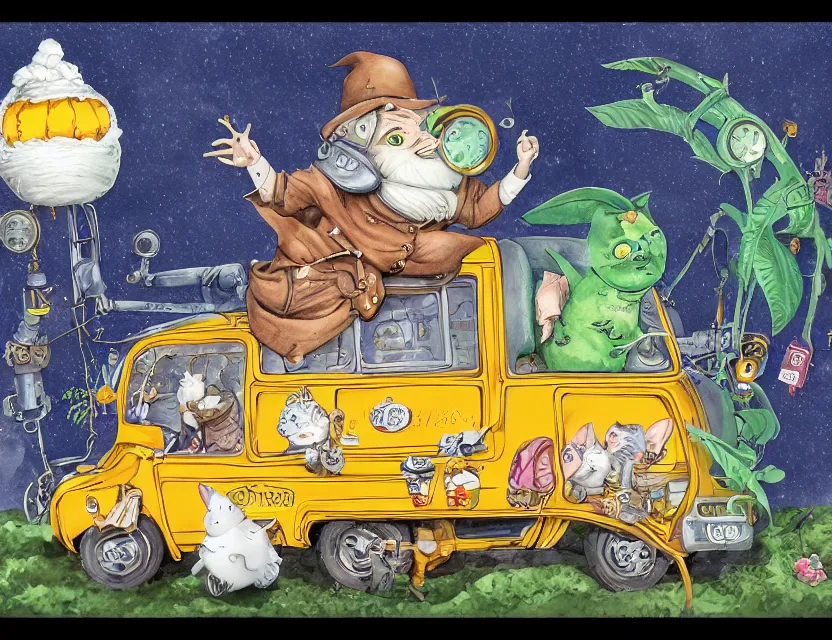 Prompt: cute and funny, a garden gnome driving a steampunk bus, a cat is on the roof holding on for dear life, ratfink style by ed roth, centered award winning watercolor pen illustration, isometric illustration by chihiro iwasaki, edited by range murata, tiny details by artgerm and watercolor girl, symmetrically isometrically centered, sharply focused