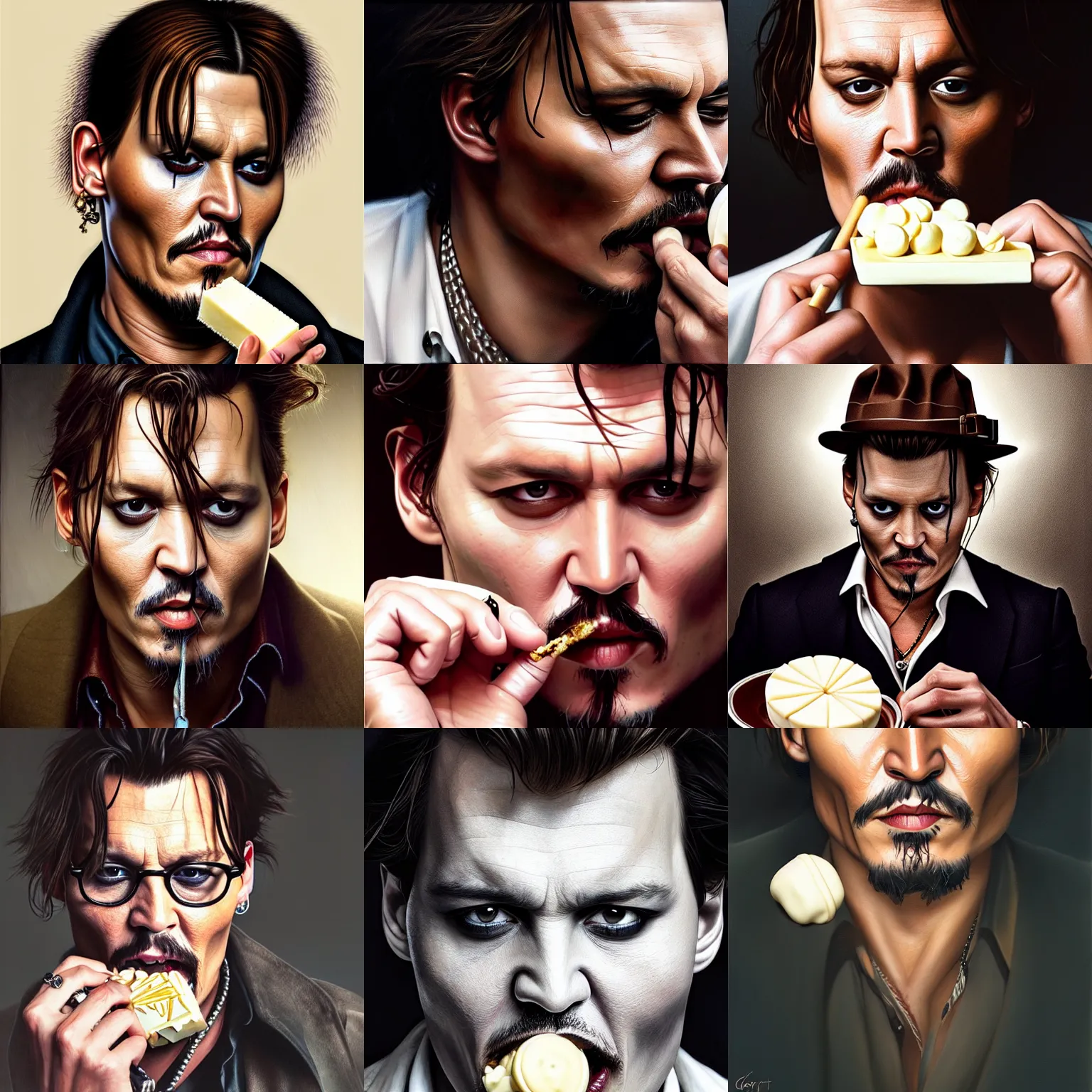 Prompt: portrait of johnny depp eating white chocolate,photorealiatic,hyperdetailed,hyperrealistic,studio lighting,studio photography,professional photography,professional lighting,detailed face,3 point lighting,4k,digital art,ultra realistic,ultra detailed,art by greg rutkowski,dramatic