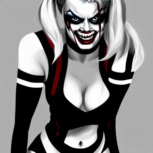 Image similar to Margot Robbie as Harley Quinn as a vampire, highly detailed, digital painting, artstation, concept art, smooth, sharp focus, illustration, art by yoji shinakawa, black and white, red