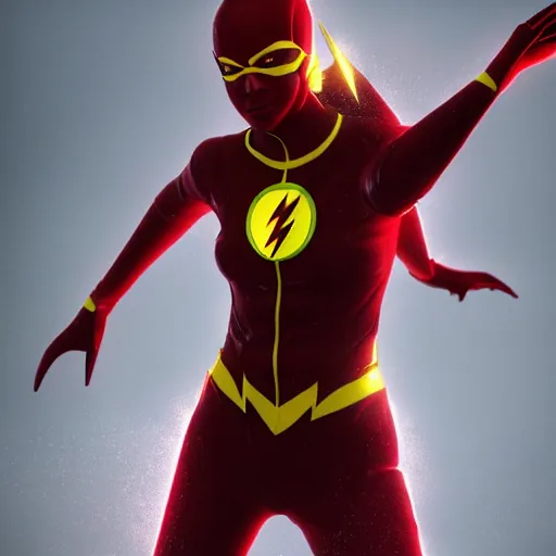 Prompt: realistic photo of Chuu from LOONA as The Reverse Flash, heroic pose, white fog, key lighting, octane render