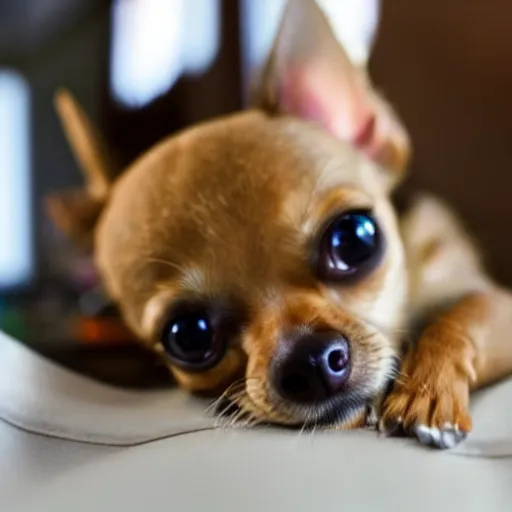 Prompt: a honey colored chihuahua puppy looking at his reflection in the mirror from the front