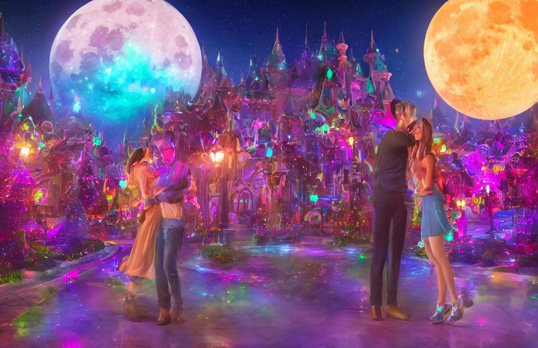 Image similar to boyfriend and girlfriend on a first date in the astral disneyland realm, holding each other, in the background is the astral disneyland resort, with a colorful universe behind it, the moon of disney spirits shines overhead, festive atmosphere, epic fantasy, ultra hd render, + 4 k uhd + very crisp and clear image, romantic